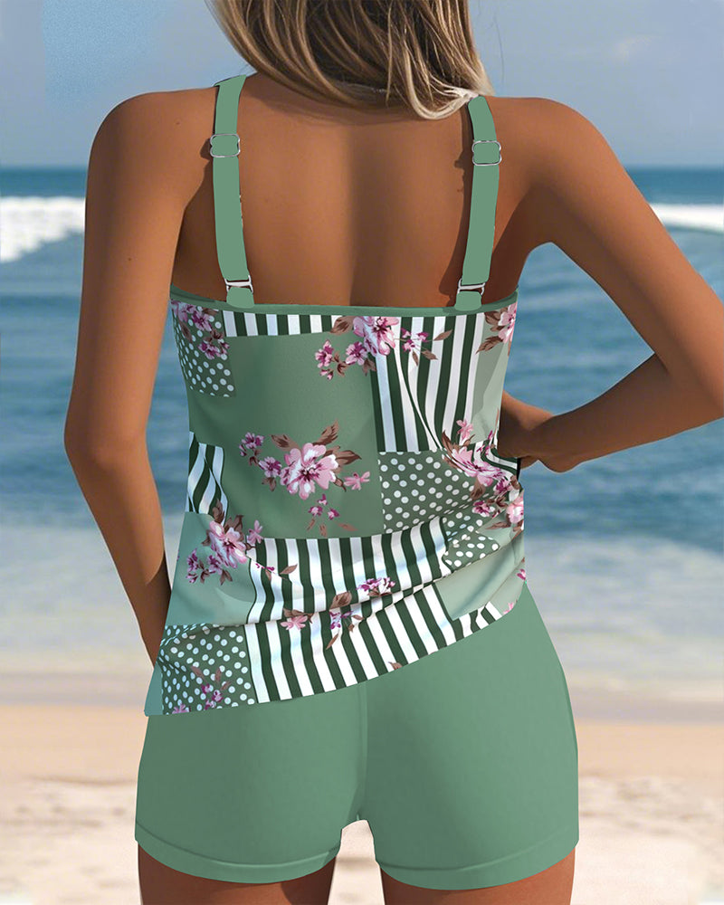 Two-Piece Printed Tankini with Boxer-Style Shorts