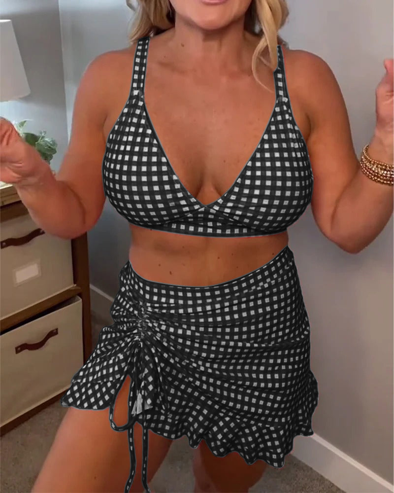 Two-Piece Strappy Swimsuit with Checkered Print