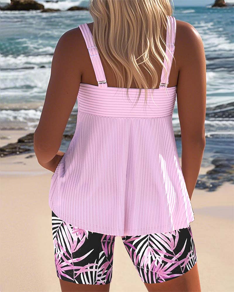 Striped Tankini Set with Printed Bottoms