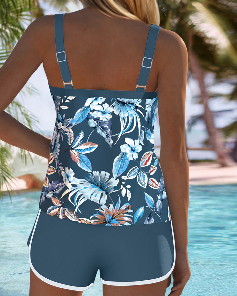 Comfortable Tankini with Print and U-Neck