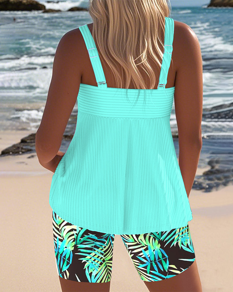 Striped Tankini Set with Printed Bottoms