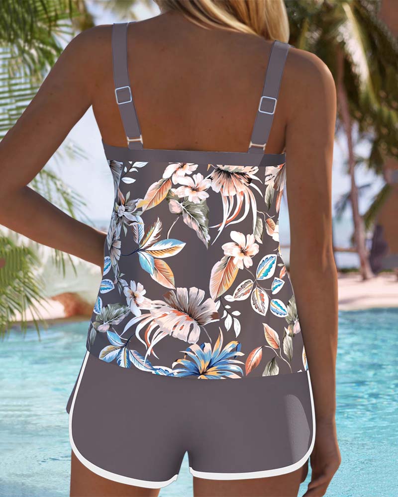 Comfortable Tankini with Print and U-Neck